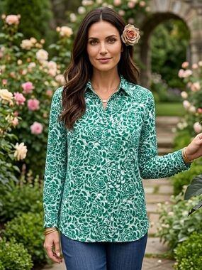 Jude Connally Green White Floral Jude Cloth Stretch Blouse Size M